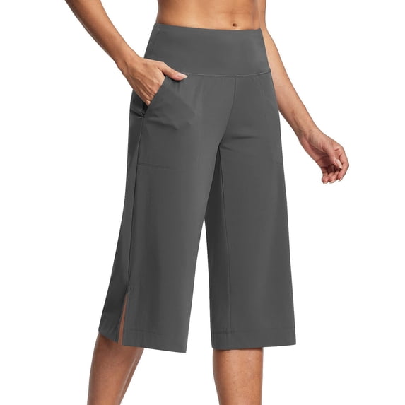 Mohiass Womens Capri Pants Yoga Summer High Waisted Wide Leg Capri Pants Tummy Control Pull on Lounge Casual Capris with Pockets Dark Gray L