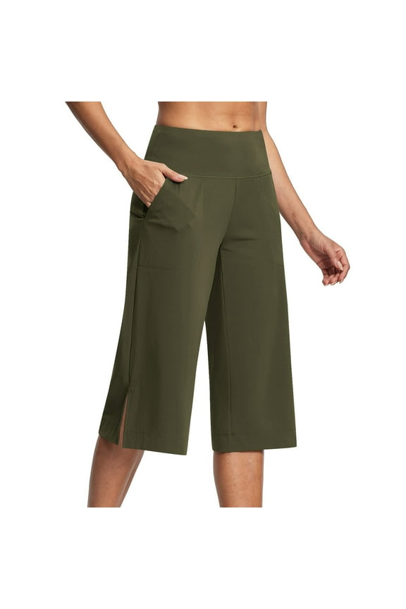 Womens Capris High Waisted Yoga Capris for Women Clearance Tummy Control Summer Wide Leg Capri Pants for Women Stretch with Pockets Army Green 2XL