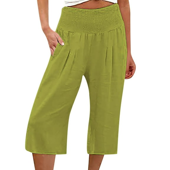 Mohiass Womens Capris with Pockets Summer High Waisted Capris for Women Plus Size Clearance Smocked Cotton Linen Wide Leg Capri Pants for Women Fluorescent Green M