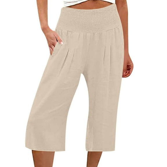 Mohiass Womens Capris for Summer High Waisted Cotton Linen Capris for Women Plus Size Smocked Wide Leg Capris Pants for Women with Pockets Beige L