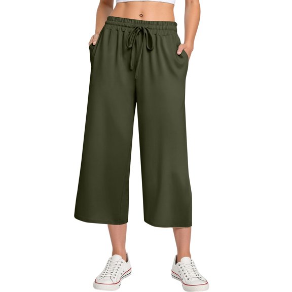 Mohiass Womens Capris for Summer High Waisted Wide Leg Capri Pants for Women with Pockets Yoga Lounge Capri Pants for Women Army Green L