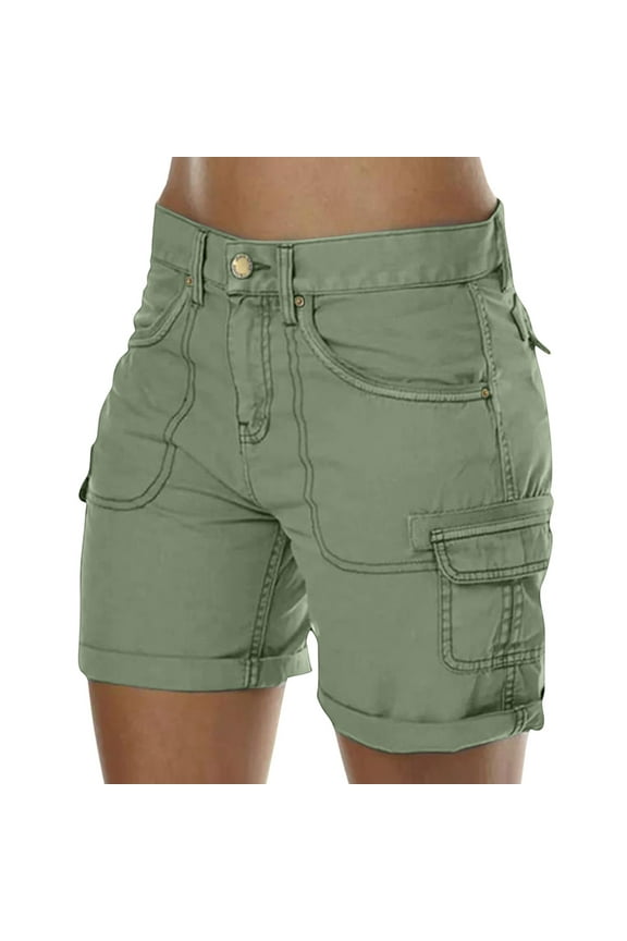 Womens Cargo Shorts Trendy Summer Hiking Bermuda Shorts Pull on Knee Length Casual High Waisted Shorts with Pockets Green L