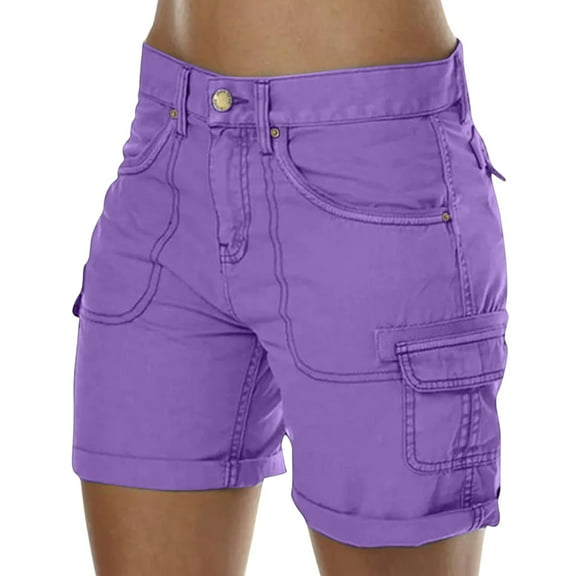 Mohiass Womens Cargo Shorts with Pockets Pull on Hiking Summer Shorts Trendy Knee Length Casual High Waisted Bermuda Shorts Purple S
