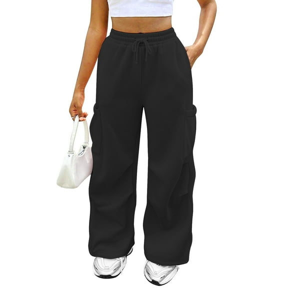 Mohiass Womens Cargo Sweatpants Baggy Fleece Wide Leg Sweat Pants Drawstring High Waisted Lounge Sweatpants with Pockets Black L
