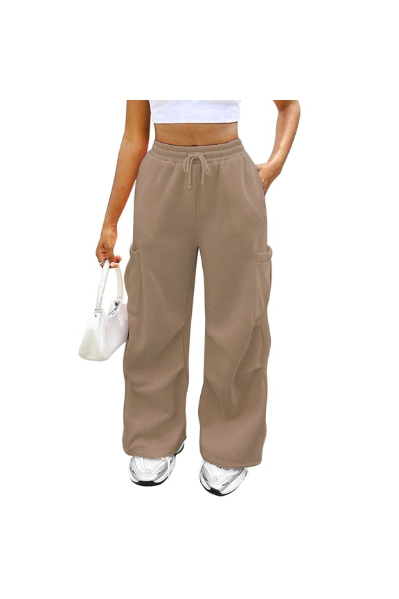 Womens Cargo Sweatpants Baggy Fleece Wide Leg Sweat Pants Drawstring High Waisted Lounge Sweatpants with Pockets Light Brown S