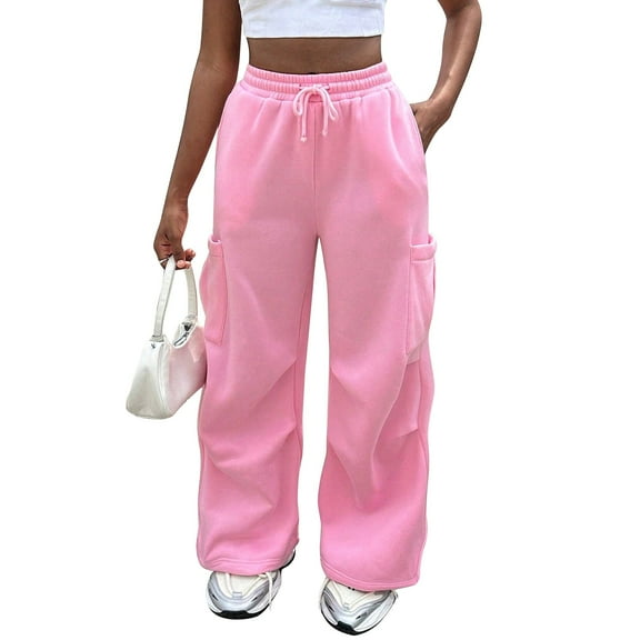 Mohiass Womens Cargo Sweatpants Baggy Fleece Wide Leg Sweat Pants Drawstring High Waisted Lounge Sweatpants with Pockets Pink L