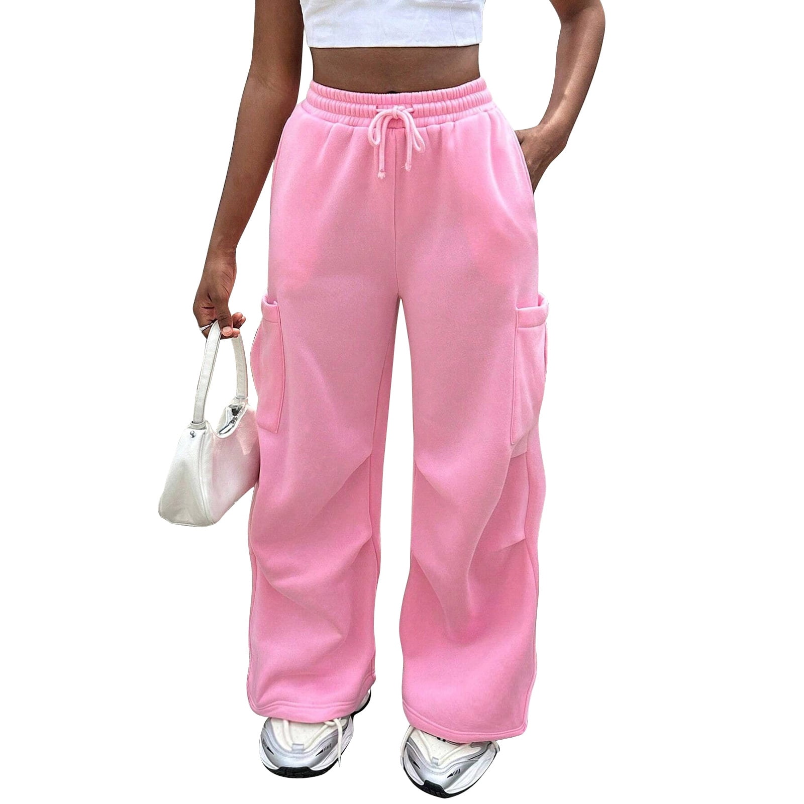 Womens Cargo Sweatpants Baggy Fleece Wide Leg Sweat Pants Drawstring High Waisted Lounge Sweatpants with Pockets Pink XL