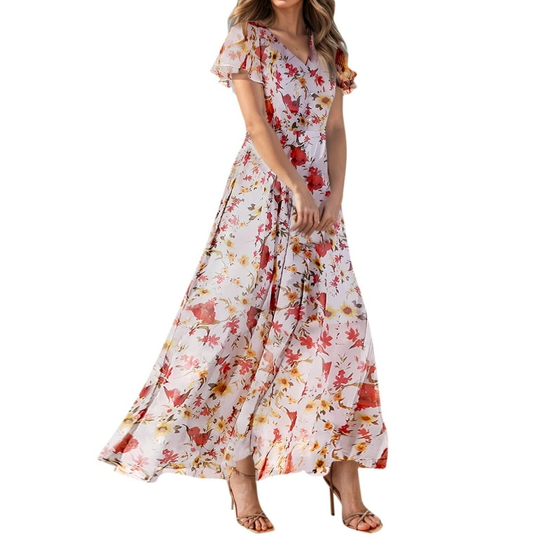 Chiffon Short Sleeve V Neck High Waist Vacation Dresses Chiffon Short Sleeve V Neck High Waist Vacation Dresses