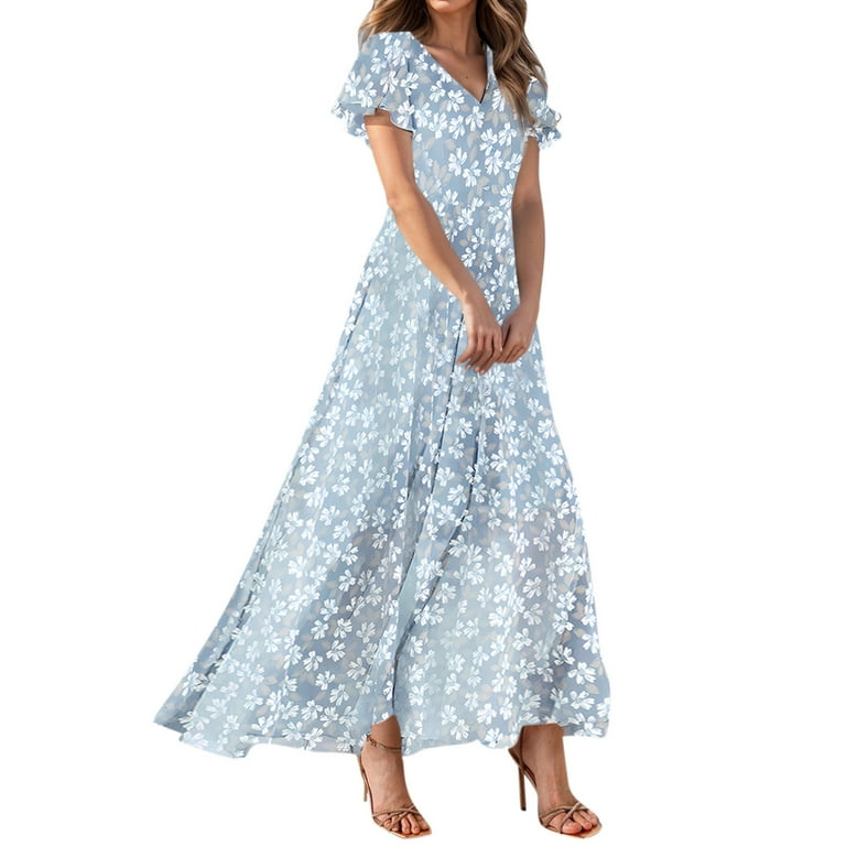 Chiffon Short Sleeve V Neck High Waist Vacation Dresses Chiffon Short Sleeve V Neck High Waist Vacation Dresses