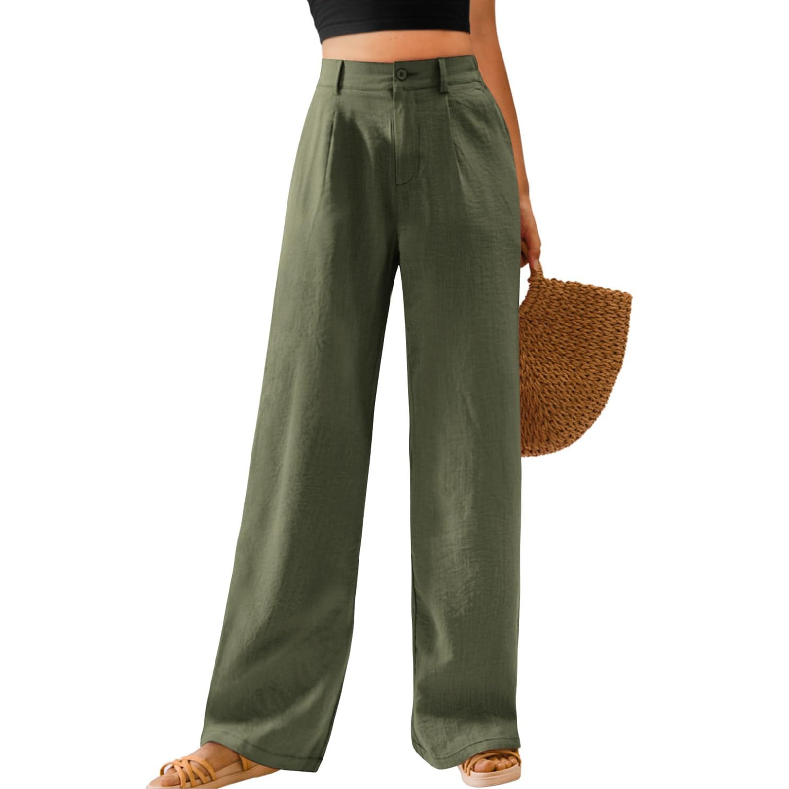 Womens Casual Wide Leg Pants High Waisted Button Down Straight Long Trousers Palazzo Pants