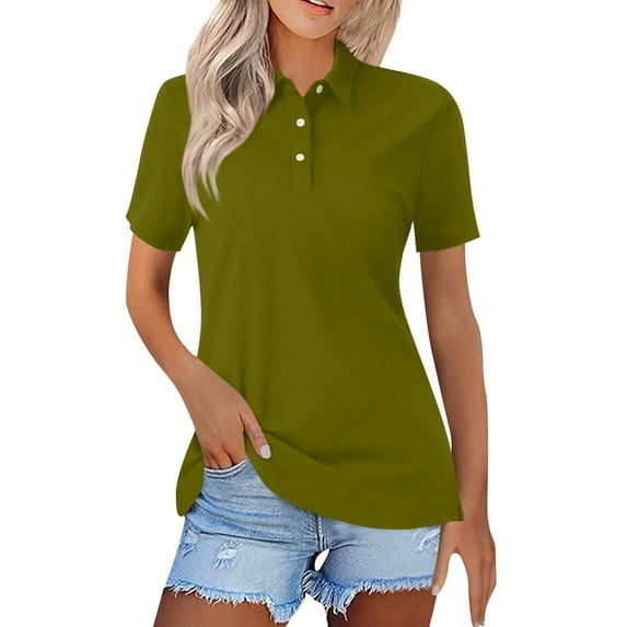Mohiass Womens Collared Polo Shirts Cotton Wicking Casual Lapel Tops Lightweight Short Sleeve Solid Color Dressy Summer Button Down Shirt Army Green L