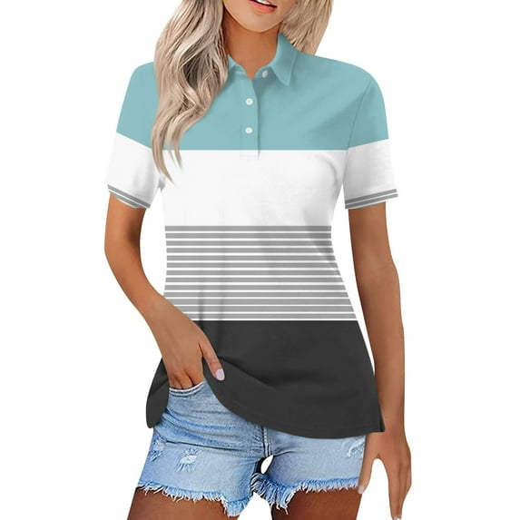 Mohiass Womens Collared Polo Shirts Cotton Wicking Casual Lapel Tops Lightweight Short Sleeve Striped Dressy Summer Button Down Shirt Light Blue XL