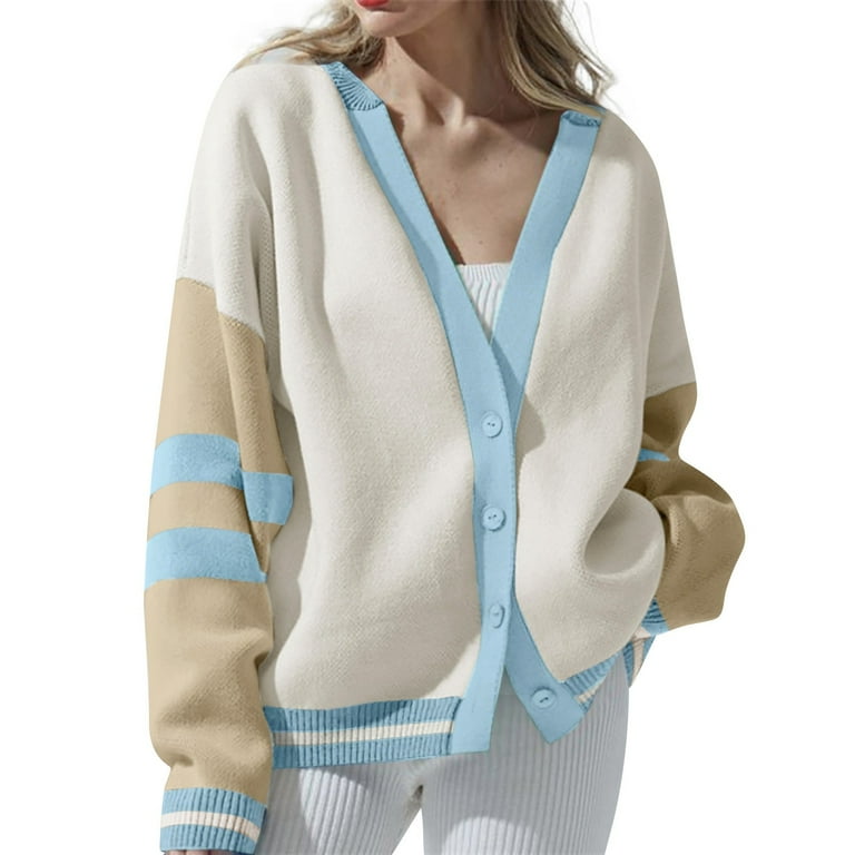 V Neck Long Sleeve Fashion Loose Color Block Knitting Sweaters V Neck Long Sleeve Fashion Loose Color Block Knitting Sweaters