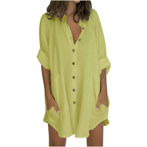 Mohiass Womens Cotten Linen Blouse Summer Casual 3/4 Sleeve Shirts Loose Fit Oversized Tshirts Tunic Tops with Pockets Fluorescent Green 2XL