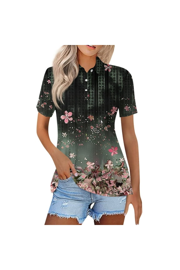 Womens Cotton Polo Shirts Collared Short Sleeve 2024 Lapel Tops Summer Wicking Floral Print Dressy Lightweight Button Down Shirt Black XL