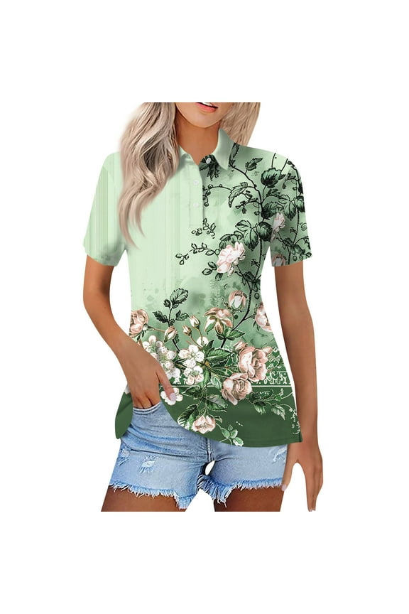Womens Cotton Polo Shirts Collared Short Sleeve 2024 Lapel Tops Summer Wicking Floral Print Dressy Lightweight Button Down Shirt Green 2XL