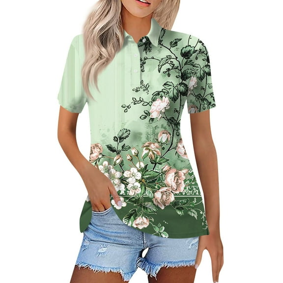Mohiass Womens Cotton Polo Shirts Collared Short Sleeve 2024 Lapel Tops Summer Wicking Floral Print Dressy Lightweight Button Down Shirt Green 2XL