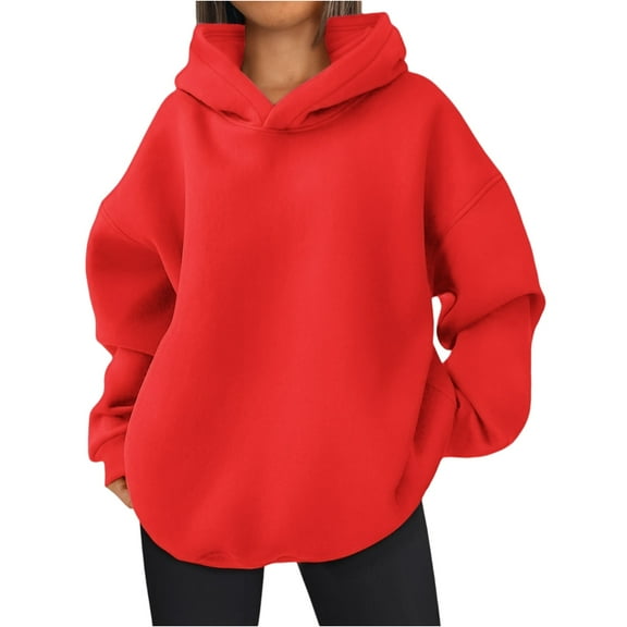 Mohiass Womens Fleece Hoodies Fall Oversized Hooded Sweatshirts Casual Comfy Tops Fashion 2025 Cute Clothes with Pockets Red L