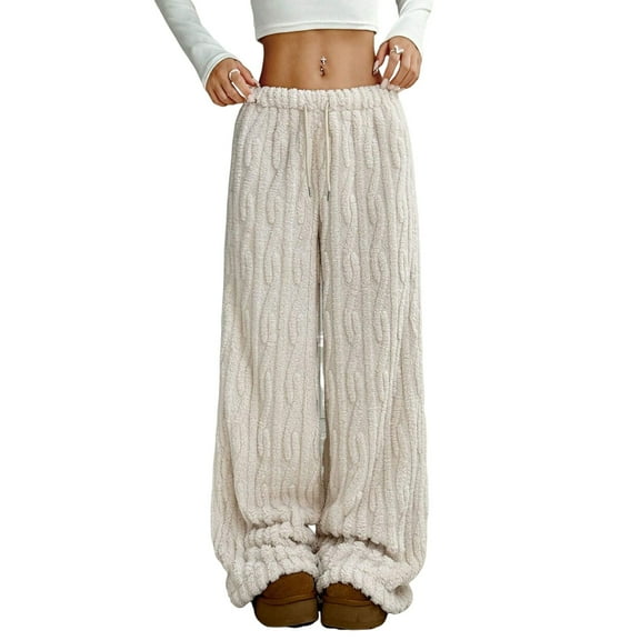 Mohiass Womens Fuzzy Pajama Pants Women Cozy Sleepwear Elastic Waist Winter Warm Lounge Pants Plush Comfy Wide Leg Fluffy Pj Bottoms Khaki 2XL