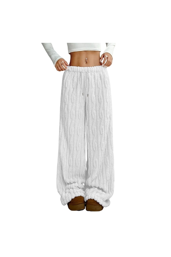 Womens Fuzzy Pajama Pants Women Sleepwear Fluffy Plush Comfy Lounge Pants Elastic Waist Winter Warm Wide Leg Cozy Pj Bottoms White L