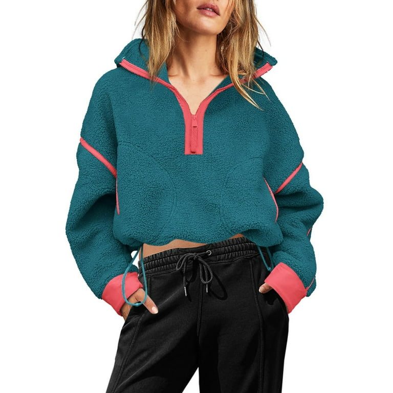 Mohiass Womens Half Zip Sherpa Fleece Pullover Soft Oversized Sweatshirt with Pockets Warm Fuzzy Sweater Dark Green XS Walmart