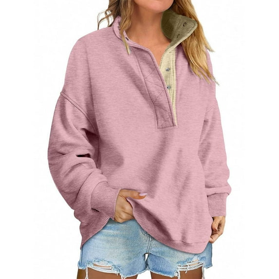 Mohiass Womens Henley Oversized Sweatshirts Casual Loose Mock Turtleneck Button Up Pullover Tunic Tops Fall Fashion Clothes Pink S