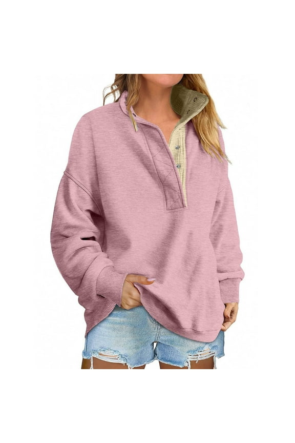 Womens Henley Oversized Sweatshirts Casual Loose Mock Turtleneck Button Up Pullover Tunic Tops Fall Fashion Clothes Pink S