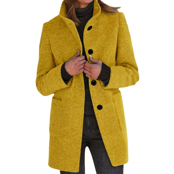 Mohiass Womens Long Coat Thicken Wool Blend Trench Coats Stand Collar Winter Pea Overcoat Single Breasted Casual Blazer Jacket with Pockets Yellow 3XL