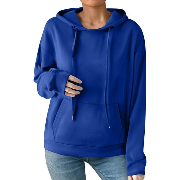 Mohiass Womens Long Sleeve Drawstring Cute Hoodie Lightweight Fleece Pullover Tops Solid Oversized Hooded Sweatshirt Blue L
