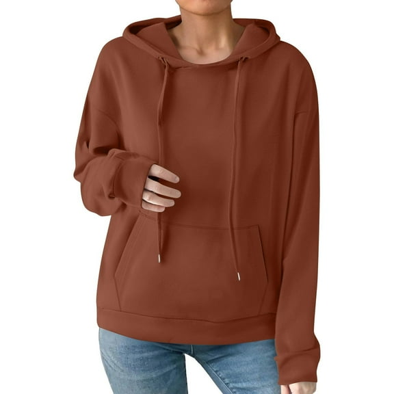 Mohiass Womens Long Sleeve Drawstring Cute Hoodie Lightweight Fleece Pullover Tops Solid Oversized Hooded Sweatshirt Coffee M