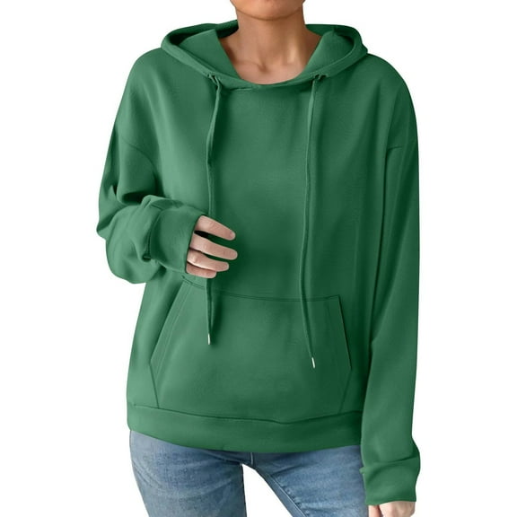 Mohiass Womens Long Sleeve Drawstring Cute Hoodie Lightweight Fleece Pullover Tops Solid Oversized Hooded Sweatshirt Dark Green S