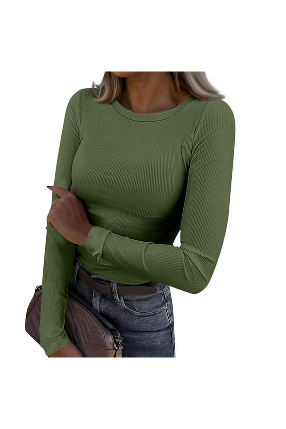 Womens Long Sleeve Shirts Stretch Crewneck Ribbed T-Shirt Fitted Casual Basic Tops Army Green M