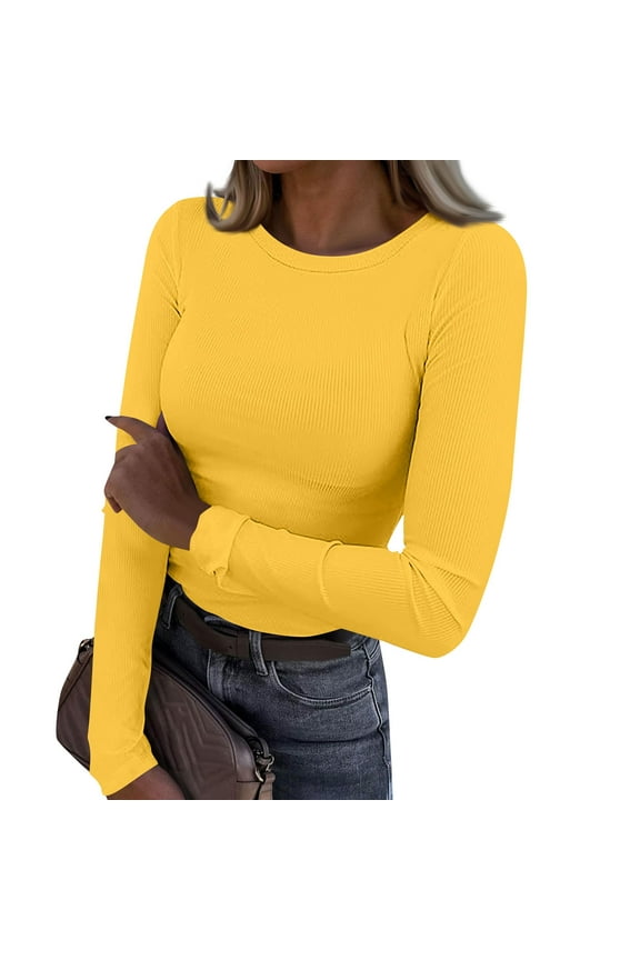 Womens Long Sleeve Shirts Stretch Crewneck Ribbed T-Shirt Fitted Casual Basic Tops Yellow L
