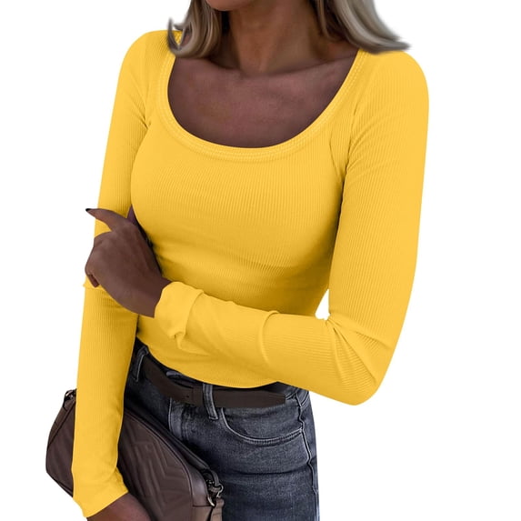 Mohiass Womens Long Sleeve Shirts Stretch Scoop Neck Ribbed T-Shirt Fitted Casual Basic Tops Yellow 2XL