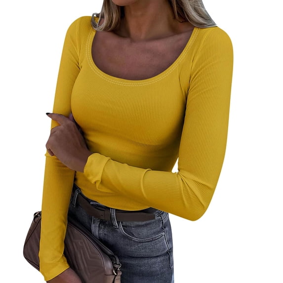 Mohiass Womens Long Sleeve Shirts Stretch Scoop Neck Ribbed T-Shirt Fitted Casual Basic Tops Yellow M