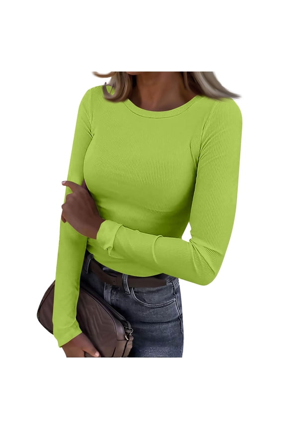 Womens Long Sleeve Stretch Crewneck Ribbed T-Shirt Fitted Casual Basic Tops Fluorescent Green L
