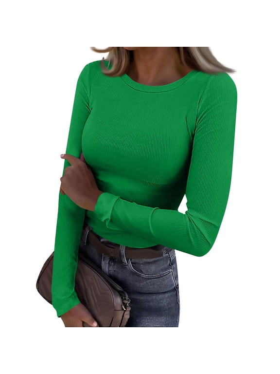 Womens Long Sleeve Stretch Crewneck Ribbed T-Shirt Fitted Casual Basic Tops Green L