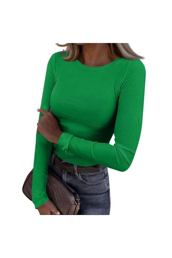 Womens Long Sleeve Stretch Crewneck Ribbed T-Shirt Fitted Casual Basic Tops Green XXL