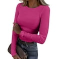 thumbnail image 1 of Mohiass Womens Long Sleeve Stretch Crewneck Ribbed T-Shirt Fitted Casual Basic Tops Hot Pink L, 1 of 8