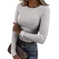 thumbnail image 1 of Mohiass Womens Long Sleeve Stretch Crewneck Ribbed T-Shirt Fitted Casual Basic Tops Light Gray M, 1 of 8