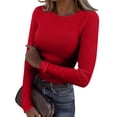 thumbnail image 1 of Mohiass Womens Long Sleeve Stretch Crewneck Ribbed T-Shirt Fitted Casual Basic Tops Red XL, 1 of 8