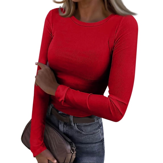 Mohiass Womens Long Sleeve Stretch Crewneck Ribbed T-Shirt Fitted Casual Basic Tops Red XL