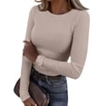 thumbnail image 1 of Mohiass Womens Long Sleeve Stretch Crewneck Ribbed T-Shirt Slim Fit Casual Basic Tops Champagne S, 1 of 8