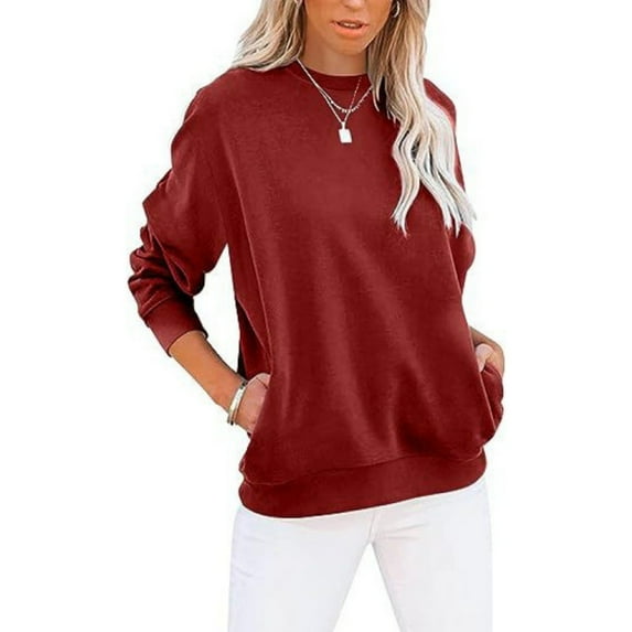 Mohiass Sweatshirts for Women No Hood Plain Fall Long Sleeve Pullover Casual Crewneck Trendy Side Pockets Shirts Red 2XL