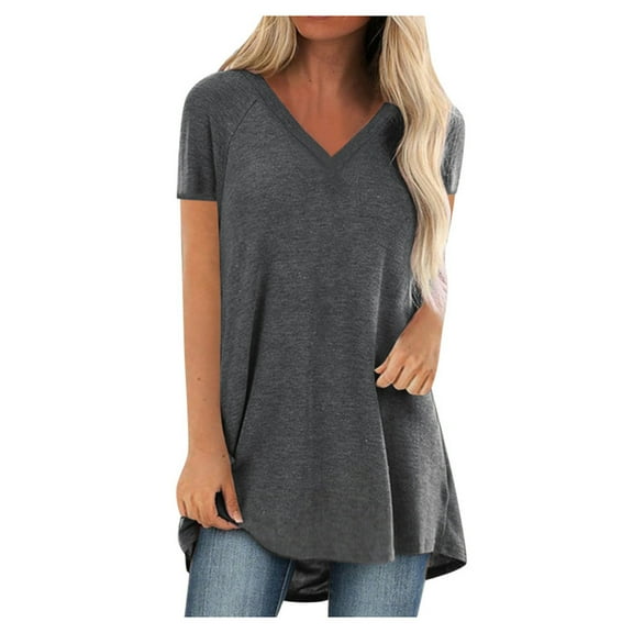 Mohiass Tops Tunics for Women to Wear with Leggings, Casual Loose Fit V Neck Short Sleeves T Shirt Gray M