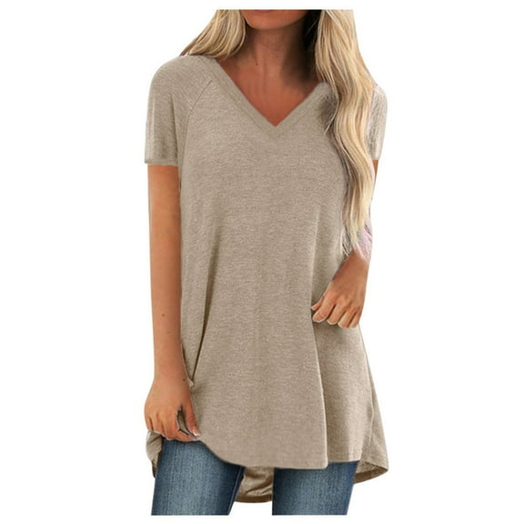 Mohiass Womens Long Tunics or Tops to Wear with Leggings Short Sleeve Blouses Shirts Khaki L