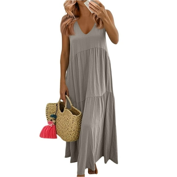 Mohiass Womens Oversized Baggy Flowy Cotton Linen Maxi Dresses Summer Beach V Neck Casual Loose Floor Length Long Dress Light Gray XL