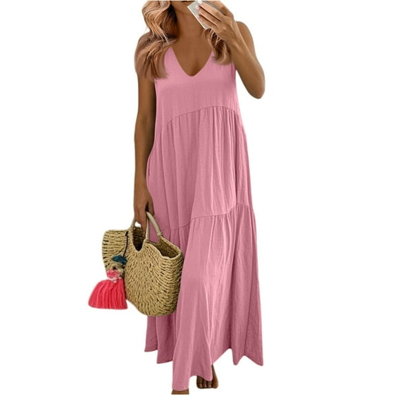 Mohiass Womens Oversized Baggy Flowy Cotton Linen Maxi Dresses Summer Beach V Neck Casual Loose Floor Length Long Dress Pink M