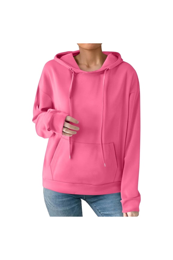 Womens Oversized Hooded Sweatshirt Long Sleeve Drawstring Cute Hoodie Lightweight Solid Fleece Pullover Tops Hot Pink S