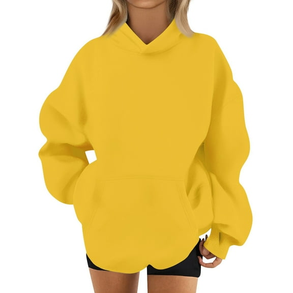 Mohiass Womens Oversized Hoodies Long Sleeve Plain Basic Fleece Sweatshirts 2025 Fall Winter Pullover Tops with Pocket Yellow XL
